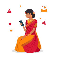 Indian girl holding phone received spam