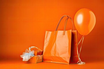 festive gift bag and balloon on a vibrant orange background