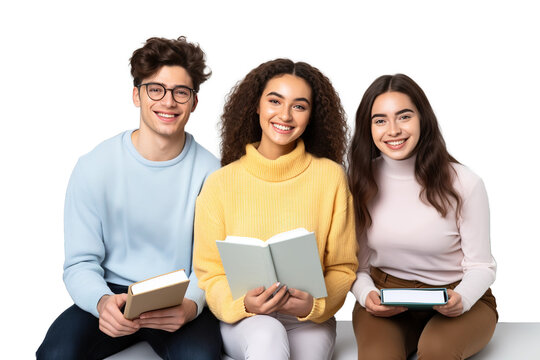 Three university students sitting enjoying time together reading. White transparent background