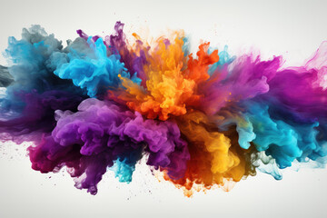 Wide panoramic background featuring a colorful rainbow holi paint color powder explosion against a white backdrop. Generative Ai, Ai.
