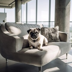 Pug dog sitting on a sofa. Created with generative AI.