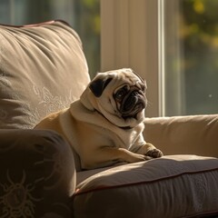 Pug dog sitting on a sofa. Created with generative AI.