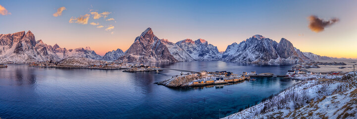 Panorama of the small town of Reine at the very end of the Lofoten in the northern part of Norway...