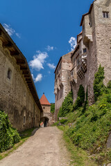 Fototapeta na wymiar Pernstejn castle inner courtyard with cloudy blue sky