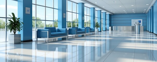 Interior of modern office hall with blue sofas. 3d rendering