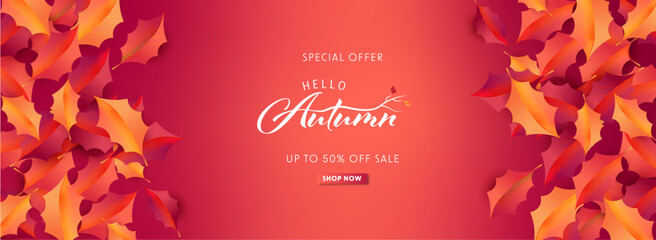 Autumn Sale background, banner, poster or flyer design. Vector illustration with bright beautiful leaves and lettering word Autumn. Template for advertising, web, social and fashion 