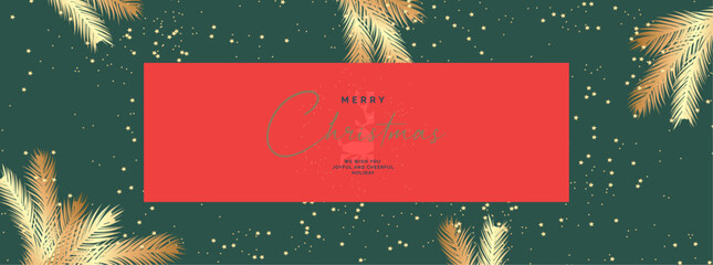 Kış manzara ışığı, altın yapraklar, yıldızlar ile yeşil Xmas arka plan üzerinde kırmızı Noel ve Yeni Yıl Tipografik. Mutlu Noeller kartı. vektör illüstrasyonu