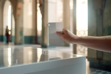 a hand drops a ballot into a transparent plastic ballot box on election day at a polling station. the will of the voters. free elections. Generative AI