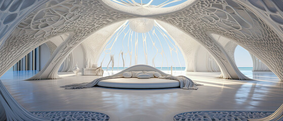 A modern design largecabana at a luxury hotel resort by the water. The elegant architecture makes for a relaxing summer vacation.