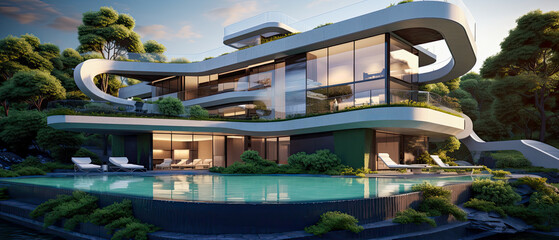 Fototapeta premium A large futuristic eco-luxury mansion in the hills of Florida with beautiful aesthetic architecture. The luxurious modern home has a large pool and scenic views of the mountains