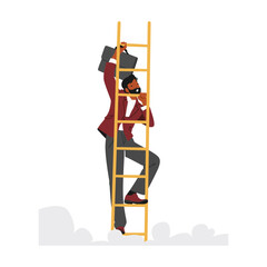 Ambitious Businessman Character Climbing The Ladder Of Success With Determination And Perseverance, Vector Illustration