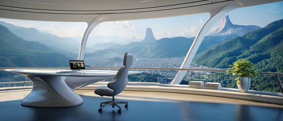 A futuristic work from home office with a fantastic view of the mountains. The minimal design is the modern workplace. WFH.
