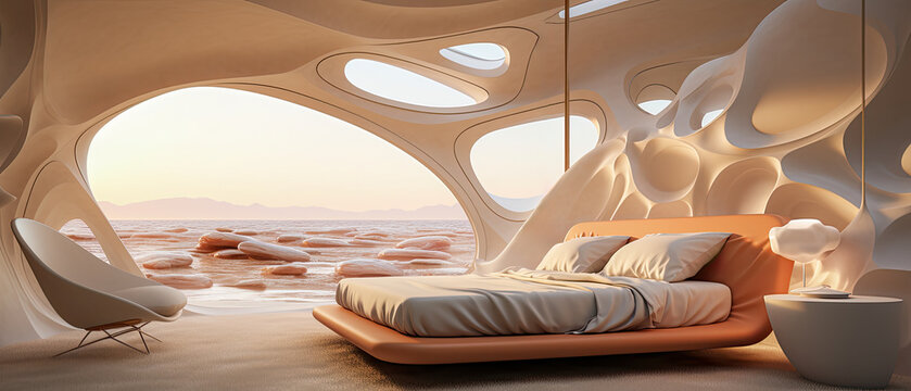  A futuristic hotel resort bedroom with beautiful architecture and interior design. The room has a view of the beach.