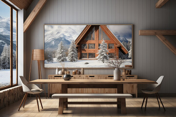 Ski lodge on snowy morning. AI generative - obrazy, fototapety, plakaty