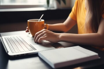 woman working on laptop, Capturing the Essence of Productivity and Comfort: Photographic Close-Up of a Woman Engaged in Laptop Work with coffee, tea, homeoffice