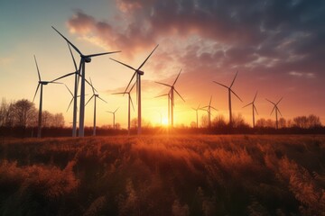 wind turbines at sunset, Harnessing Nature's Energy: Captivating Close-Up Photographic Image of Sunlit Wind Turbines at Sunset, Embracing the Vibrant Hues of Dark Orange and Light Green