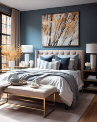Interior of a colorful bedroom with slate blue walls.  Master bedroom with abstract canvas art and large windows.  Interior bedroom concept. 