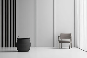 modern chair and vase in a minimalist white room. Generative AI