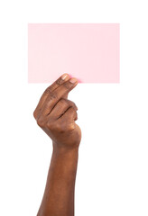 Man holding a blank pink paper card isolated on white or transparent background