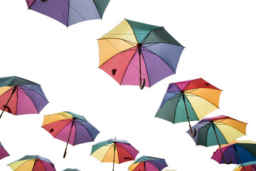 Dużo wielobarwnych parasoli unoszących się w powietrzu. - obrazy, fototapety, plakaty