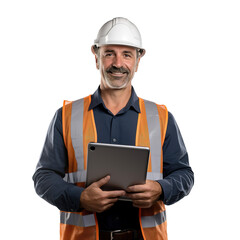 Portrait of middle aged engineer construction man holding digital tablet. White transparent background