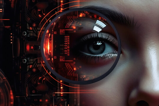 Generative AI image of closeup of woman eye with round lens analyzing information in futuristic world