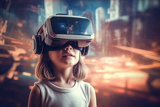 Generative AI image of girl wearing virtual reality goggles and exploring cyberspace while standing against blurred cityscape