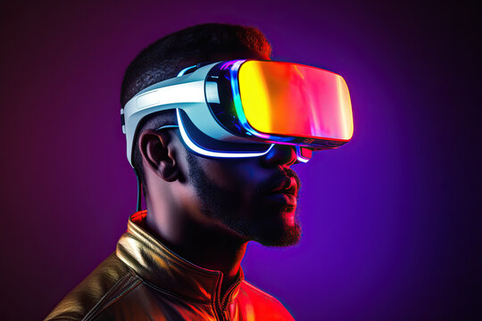 Generative AI image of African American man with beard in VR goggles experiencing another world against purple background