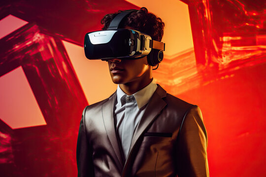 Generative AI image of young man in suit wearing virtual reality goggles while experiencing cyberspace against red background