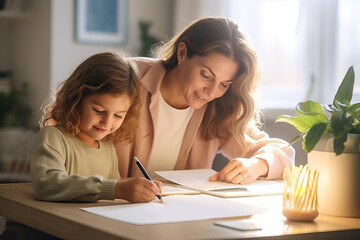 A woman and a child are sitting while make homework with Generative AI technology