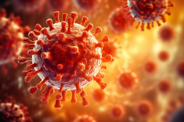 Generative AI illustration of closeup of red viral particle and microscopic view of floating cells while experimenting for immunity and fight against infection on abstract background