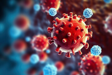 Generative AI illustration of closeup of red viral particle and microscopic view of floating blue and red cells while experimenting for immunity against diseases on abstract background
