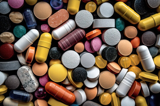 Generative AI image of top view of assorted multicolored pharmaceutical pills vitamins antibiotics capsules manufactured depending on formulation and dose form