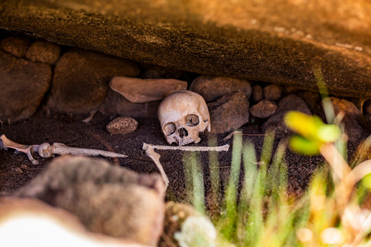 Dry human skulls and bone remains in cave at daylight