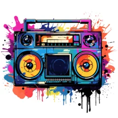 Fotobehang Old boombox with colorful paint splatters in graffiti style. Printable design for t-shirts, mugs, cases, apparel. © Oleksandr