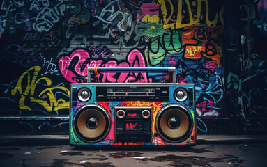 Retro old design ghetto blaster boombox radio cassette tape recorder from 1980s in a grungy graffiti covered room.music blaster - obrazy, fototapety, plakaty