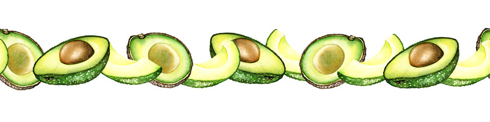 Seamless border. Avocado watercolor border. Hand drawn botanical illustration. Vegetarian fruits. Half an avocado. Green pieces of avocado. fresh fruits. Horizontal ornament and Seamless strip.