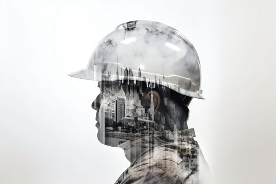 Constructor with a helmet and a city in double exposure, ai generated