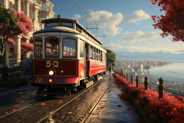 Fototapeta premium Timeless view of historic traditional Cable Cars in motion. Generative Ai.