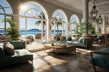 Naklejka premium Interior view of a hotel situated by the sea, offering a serene and picturesque ambiance. Generative Ai.
