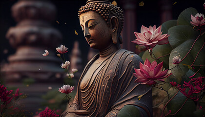 A serene and peaceful image of a Buddha statue in a cross-legged meditation pose, Created using AI - obrazy, fototapety, plakaty