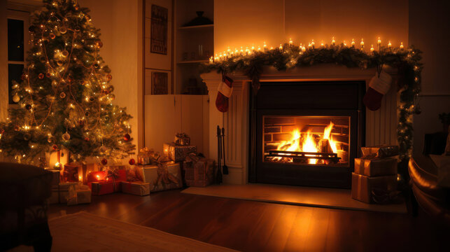 living room interior decorated for Christmas. a tall and fluffy Christmas tree next to the fireplace is decorated with a garland and a wink. Generative AI