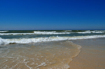 Sea waves wash the beach against a blue sky. Landscape on a wild beach. The sea in the summer.