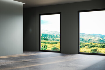 Modern contemporary loft empty room with green wall and concrete floor. 3d Rendering
