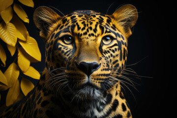 Vibrant yellow background featuring a striking leopard. Generative Ai.