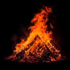 Bright burning bonfire with firewood on a black background, isolated. Flames of fire on a black background, no people