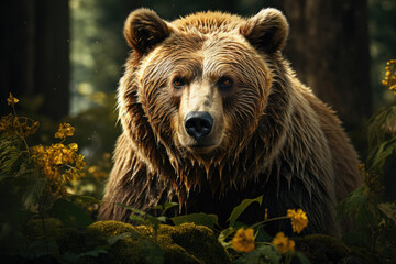 Portrait of a young brown bear captured in its natural habitat within the forest. Generative Ai. - obrazy, fototapety, plakaty
