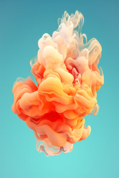 Generative AI illustration of mix of orange paint drops blending and dissolving in fluid with abstract smoke pattern against blue background