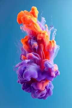 Generative AI illustration of mix of orange purple blended paints dissolving in fluid and creating abstract smoke pattern against blue background