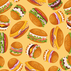 Fototapeta na wymiar Vibrant And Delicious Seamless Pattern with Different Burgers Arranged In A Playful And Appealing Design, Illustration